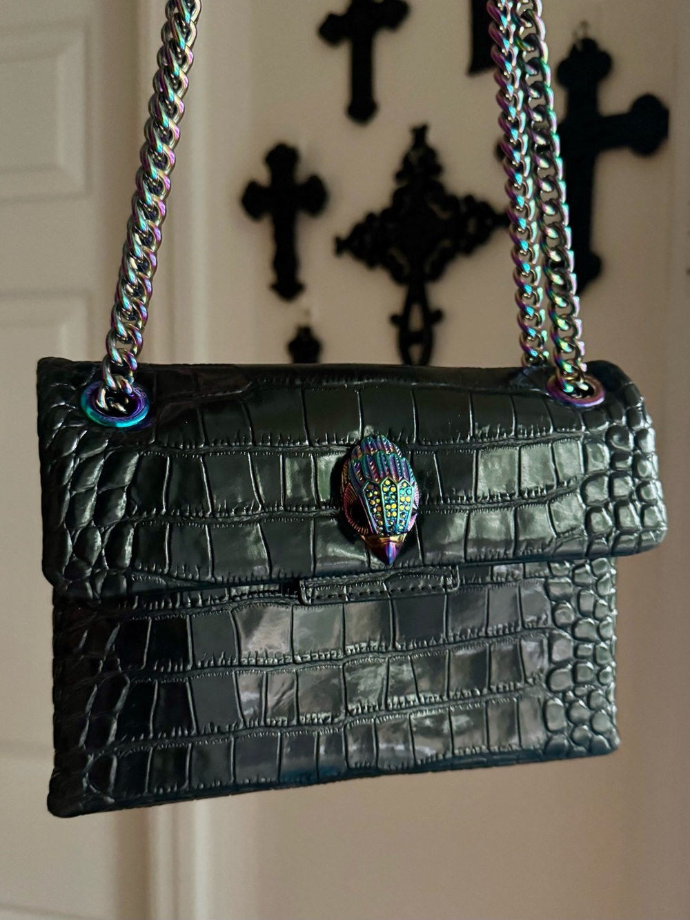 Kurt Geiger Black Croc-Embossed Leather Shoulder Bag w/ Iridescent hardware